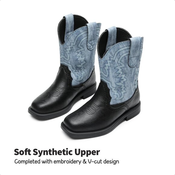 Toddler Kids Cowboy Boots Western Mid Calf Square Toe Black Boots for Boys Girl - Picture 2 of 6